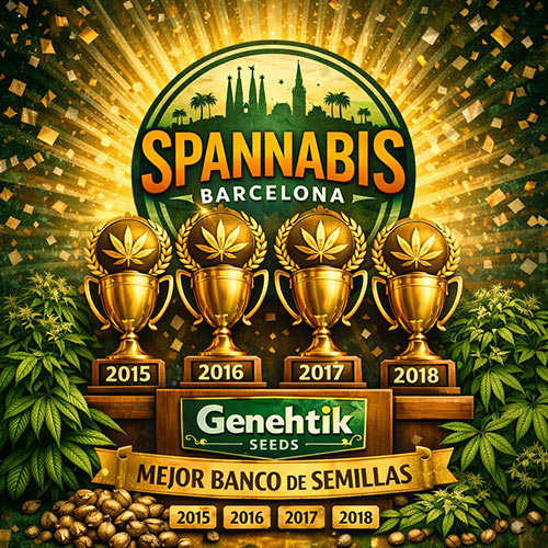 Cuatro copas de Genehtik Seeds, Mejor Banco de Semillas en Spannabis Barcelona 2015, 2016, 2017 y 2018